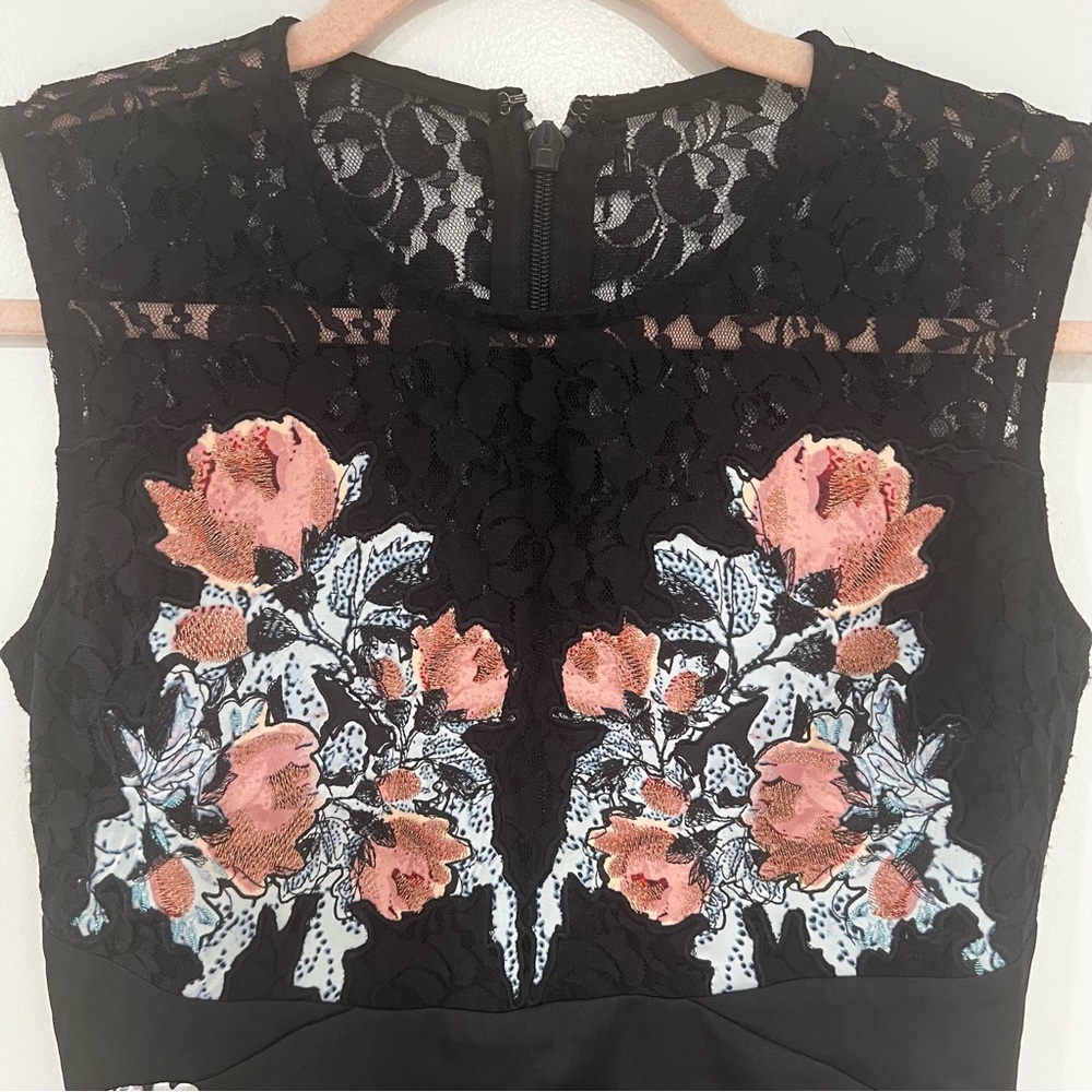 Guess Womens XS Lace Inset Floral Print Cocktail Dress Black Mini Dark Eden - Picture 4 of 12